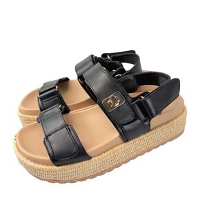 Madden NYC Women Size 7 Platform Sandals Black Faux Leather Espadrille Wedge